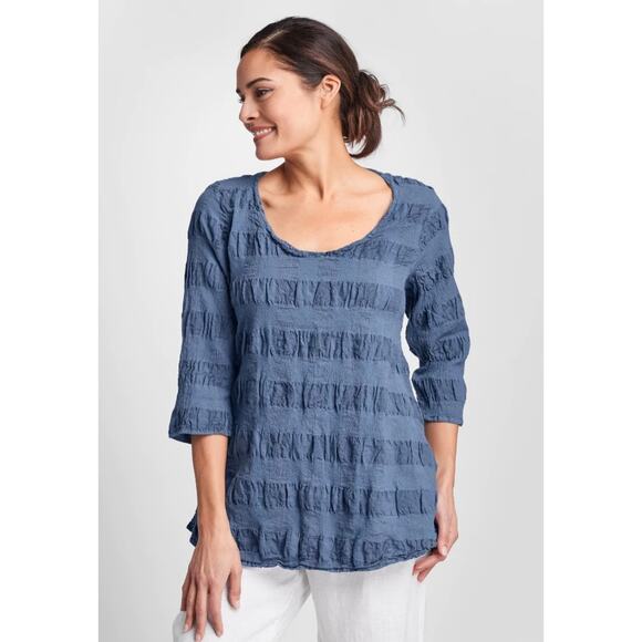 Flax Tops - Flax Blue Jay Puckered Striped 3/4 Sleeve Scoop Round Neck Linen Top Size P